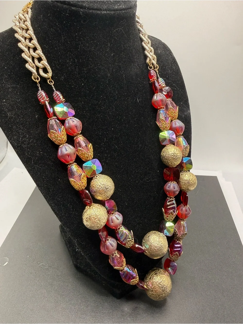 Vintage Signed Hobe Red Aurora Borealis Bead Necklace 18” + Extender